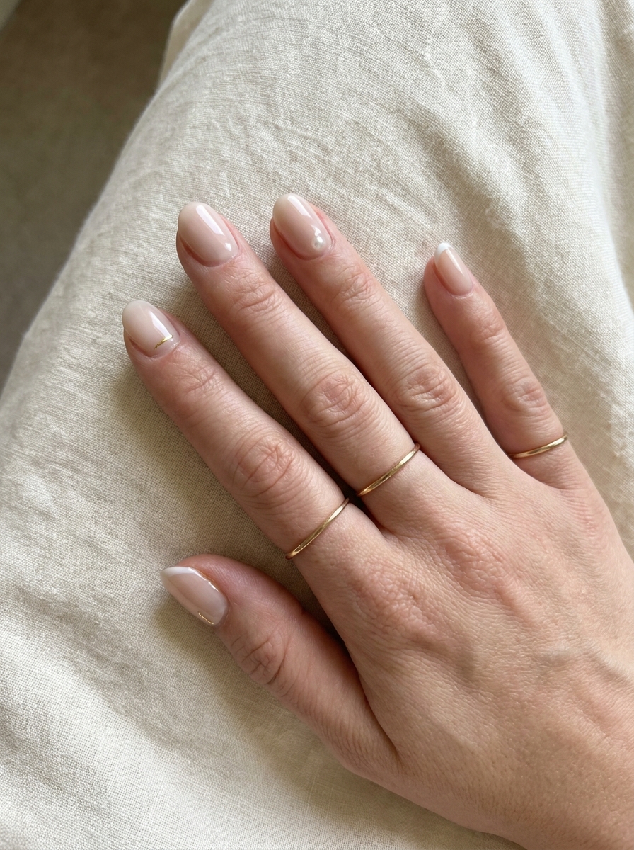 Short Elegant Summer Nails mit Nude-Basis und feinem Akzent